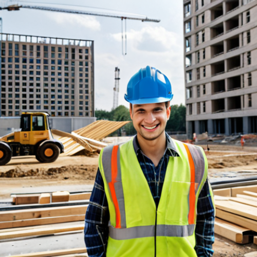 Home 4 **A modern construction site in Warsaw, Poland, with a young, smiling engineer in a hard hat inspecting materials. In the background, modern buildings are being erected. Focus on showing the engineer's confidence and the dynamic urban environment.**