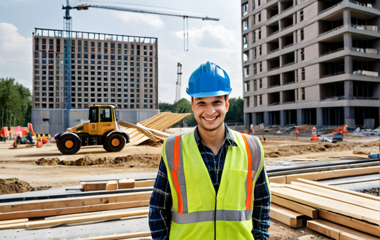 **A modern construction site in Warsaw, Poland, with a young, smiling engineer in a hard hat inspecting materials. In the background, modern buildings are being erected. Focus on showing the engineer's confidence and the dynamic urban environment.**